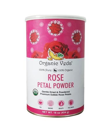 Organic Veda Edible Rose Petal Powder - Edible Rose Dusting Powder for Cooking & Baking - Natural Powdered Organic Rose Petals for DIY Face Masks, Skin & Hair Care Products - Vegan, Non-GMO - 16oz.