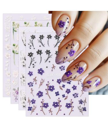 JMEOWIO 3D Embossed Flower Nail Art Stickers Decals Self-Adhesive 5D Spring Summer Black Purple Floral Nail Supplies Nail Art Design Decoration Accessories 4 Sheets