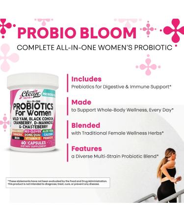 Clean Nutraceuticals Probiotics for Women with D Mannose Cranberry Extract Wild Yam Chasteberry - 20 Probiotic and Prebiotic Strains - PH Balance Womens Probiotic for Digestive Health - 60 Count 1 - Buy Online on GoSupps.com