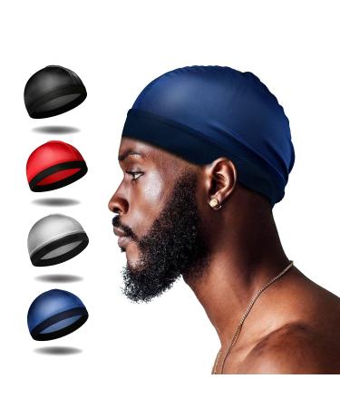 Selalu 4Pcs Wave Cap, Silk Stocking Wave Caps for 360 Waves, Good Compression Over Silky Durag for Men, Large Size Stain Caps Suitable for Adult Wave Red, Black, Navy, Silver