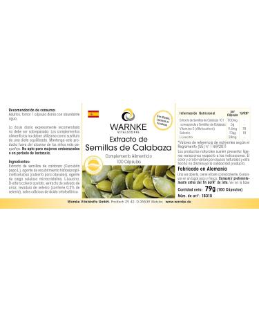 Pumpkin Seed Extract 500mg - High-Dose 100 Capsules with Vitamin E & Selenium | Warnke Vital Substances - German Pharmacy Quality - Buy Internationally - Buy Online on GoSupps.com