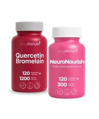 LongLifeNutri Quercetin 1000 mg with Bromelain 200mg & Centrophenoxine 300 mg Bundle 120/120 Vegan Capsules 2 4 Month Supply Respiratory Bioflavonoid Non-GMO GMP Certified Made in USA