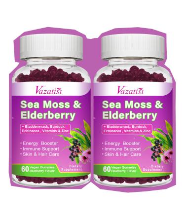 2 Pack Elderberry Gummies with Sea Moss, Extra Strength Elderberry with Vitamin C, Zinc for Immune Support for Adults, Kids, Women & Men, Blueberry Flavor 120Cts 60 Count (Pack of 2)