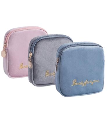 Flocking Fabric Sanitary Napkin Bag Menstrual Cup Pouch Nursing Pad Holder Washable Organizer Storage 3 Pcs (A)