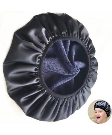 Kids Shower Cap BETWLKER Shower Caps with Terry Cloth Lined Dry Hair Waterproof Shower Cap with Soft Binding Silk Bonnet Shower Hat for Kids Girl Boy Toddler(Black)