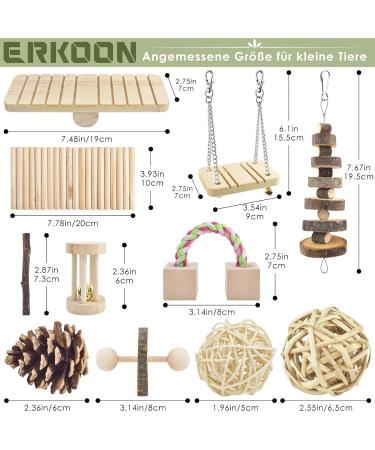 Erkoon 12-Piece Natural Wood Hamster Toy Set - Exercise Bell Rollers & Dental Molar Toys for Chinchillas Rabbits & Guinea Pigs - Buy Online on GoSupps.com