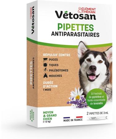 Cl ment Th kan - V tosan Repellent Pipettes for Medium and Large Dogs - Anti-Flea and Anti-Tick - 100% Plant-Based Active Ingredients - 2 pipettes - Buy Online on GoSupps.com