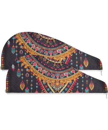 Geometric Ethnic Hair Towel 2 Pack | Super Absorbent Quick Dry Turbans for Women & Girls - Perfect Hair Drying Solution - Buy Online on GoSupps.com