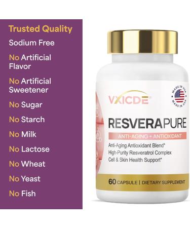 VXICDE Resveratrol Supplement 250mg | 60 Capsules | Non-GMO & Gluten Free | Potent Complex - Buy Online on GoSupps.com