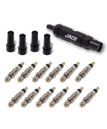 JACO Presta Valve Core Repair Kit for Bike Tires | with (12X) Replacement Valve Cores, (4X) Valve Caps, and Valve Removal Tool