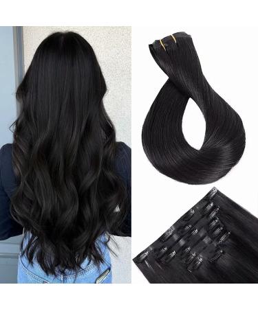 Maxfull Black Seamless Clip In Human Hair Extensions, Skin Weft Remy Hair Extension Clip On Human Hair, 7pcs, 16inch, 115g 16 Inch Black(#1B)