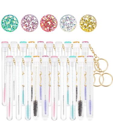 Mekupeu 20 Sets Mascara Wand Tube Set Diamond Key Chain Tube Empty Mascara Brushes Eyelash Spoolies Brush Makeup Tool Applicator (Mixed 5 color)