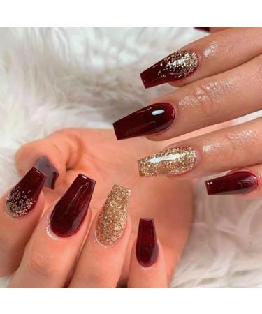 DMQ 24pcs Short Coffin False Nails Red Press on Nails Gold Glitter Fake Nails Acrylic Stick on Nails Removable Glue-on Nails Full Cover with Nail Glue Women Girls Nail Art Accessories Red Gold Glitter - Buy Online on GoSupps.com