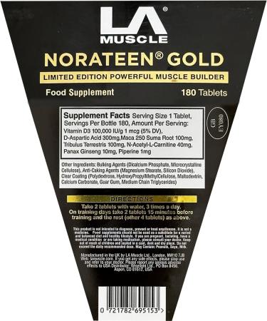LA Muscle Norateen Gold (180 Tablets - 2 Pack) 100% Natural Extreme Muscle Gain Formula Weight Gain Pills Based Supplement Refined Over 20 Years Ultimate Mass Gain with Zero Oestrogen Build Up - Buy Online on GoSupps.com