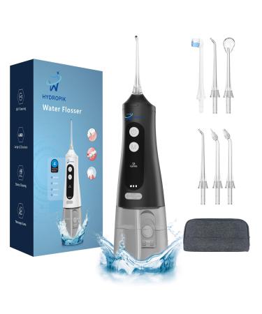 HydroPik Water Flosser for Teeth Cordless 6 Tips 4 Modes Portable Electric flosser for Teeth with 360 Rotation - Power Dental Plaque Remover and Oral Irrigator Water Jet Flosser for Dental Care Black