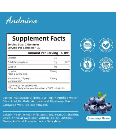 andmino L Lysine + Monolaurin Gummies 1000mg for Lips & Oral Wellness Immune Support & Collagen & Calcium for Adults & Kids Non-GMO Vegan Gluten Free Berry Flavor 60 - Buy Online on GoSupps.com