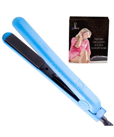 Royale Ionic Flat Iron Luxury Ceramic Tourmaline 2 in 1 Hair Straightener & Curler + Predire Robe - Single Pass Floating Plates Anti-Frizz 1" (Baby Blue)