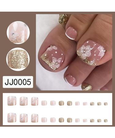 24Pcs Square Press-On Toenails - Short Fake Pink & White French Tip with Floral Rhinestones & Gold Glitter - Acrylic Toe nails for Women & Girls - Buy Online on GoSupps.com
