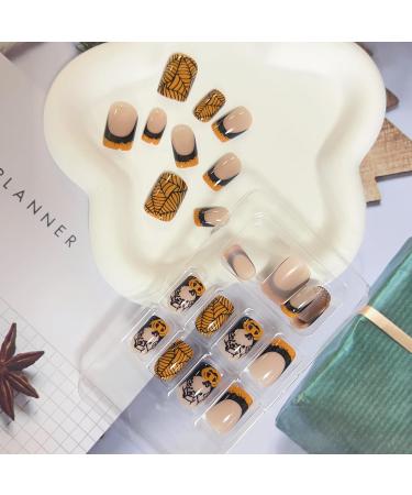 Halloween Medium Fake Nails | Square Press on Nails - Black Spider Web & Orange French - DIY Manicure Decorations for Women - Buy Online on GoSupps.com