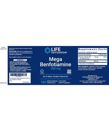 Life Extension Mega Benfotiamine 250mg - 180 Capsules (Pack of 2) | Vegetarian Vitamin B Supplement - Buy Online on GoSupps.com