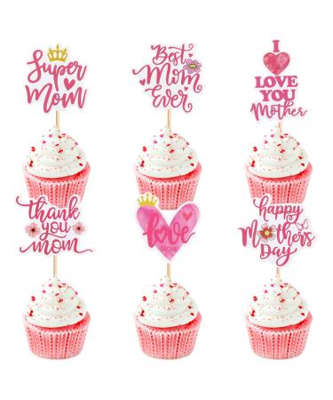 30 pcs Mother's Day Cupcake Topper Happy Mother's Day Pink Party Cake Decorations Cupcake Toppers Picks for Mother's Birthday Party 30pcs (super mom 30pcs)