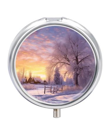 Round Pill Box Winter Print 3 Compartment Medicine Pill Case Print Pill Organizer Decorative Metal Portable Pill Box Pocket Pill Box Style-32