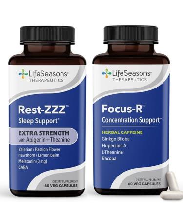 LifeSeasons Rest-ZZZ Extra Strength + Focus-R Bundle Natural Sleep & Brain Support Fall Asleep & Stay Asleep Boost Concentration & Mental Performance Low Dose Melatonin 60 Capsules Each