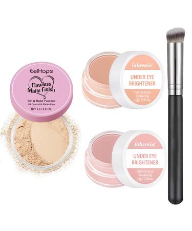 Henjunu 2pcs Under Eye Brightener 10g x 2 and Setting Powder including powder puff and concealer brush brightening concealer color corrector for dark circles dark circle coverage brightening