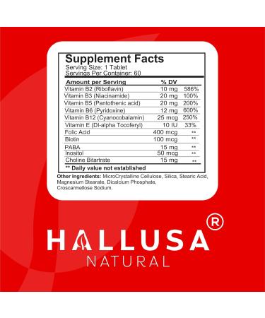 Hallusa Natural Vitamin B Complex with Biotin B12 B6 B5 B3 B2 Energy Metabolism & Hair Support 60 Tablets Daily B-Complex Supplement with Folic Acid Inositol & Choline - Buy Online on GoSupps.com