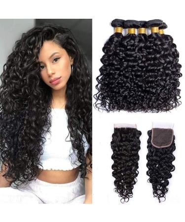 10A Brazilian Water Wave Human Hair Bundles with Closure - Natural Black Virgin Hair Extensions for Black Women (10 12 14 + 10 Closure) | Free Part Lace Closure Included - Buy Online on GoSupps.com