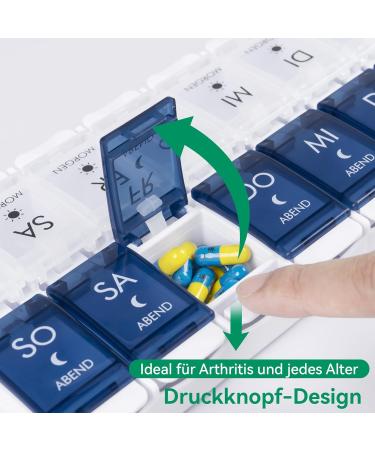 Mericargo 7-Day Pill Organizer - Portable 2-Compartment Pill Box for Vitamins & Fish Oil - Easy Push Button Blue & White - Buy Online on GoSupps.com