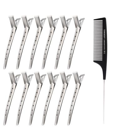 Metal Hair Sectioning Clips Set JUYOO 12 pcs Pin Curl Clips for Women and 1 pcs Tail Comb Duck Bill Hair Clips Alligator Clips Metal Hair Clips