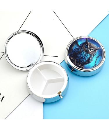 Round Blue Owl Print Pill Box - 3 Compartment Portable Medicine Organizer | Decorative Metal Pocket Pill Case - Buy Online on GoSupps.com