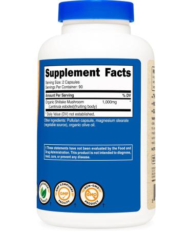 Nutricost Organic Shiitake Mushroom Capsules 1000mg - 180 Capsules, CCOF Certified, Vegetarian & Gluten-Free - Buy Online on GoSupps.com