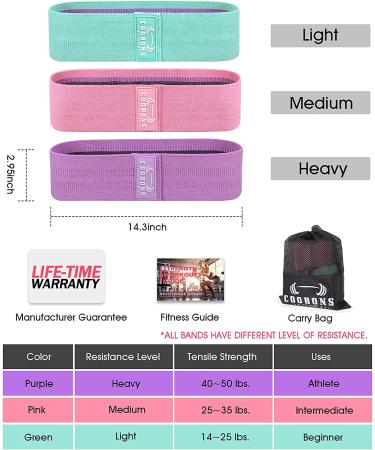 Booty & Legs Resistance Bands Set - Anti-Slip Fabric Stretch Bands for Women/Men - 3 Levels Green/Pink/Purple - Buy Online on GoSupps.com