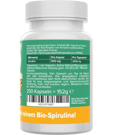 Bio Spirulina Capsules 500mg - Organic Certified High-Dose Vegan Supplement from Germany - 250 Additive-Free Capsules | Vitamine le  - Buy Online on GoSupps.com