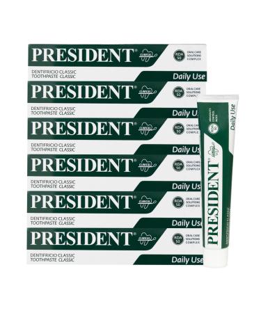 President President KIT 6 CLASSIC TOOTHPASTE for daily use. Anti-plaque anti-cavity freshening and anti-halitosis action. With plant extracts of lemon balm sage and chamomile. RDA 50. 6 x 75 ml