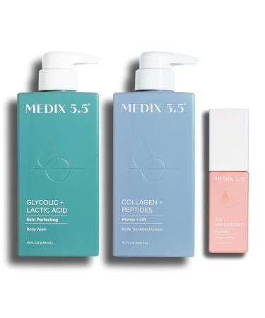 Medix 5.5 Glycolic Acid Body Wash + Collagen + Peptide Firming Cream + 3% Hyaluronic Acid Anti-Aging Booster Serum Set