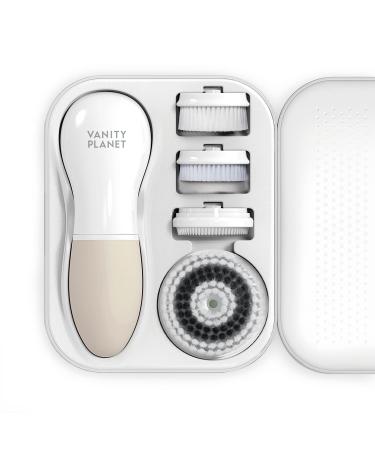 Raedia Handheld Facial Cleansing Brush with 4 Interchangeable Brush Heads by Vanity Planet - Lightweight Daily Cleansing Brush for Glowing Skin - Water Resistant Face Exfoliator - Warm Grey Warm Gray 4 Piece Set