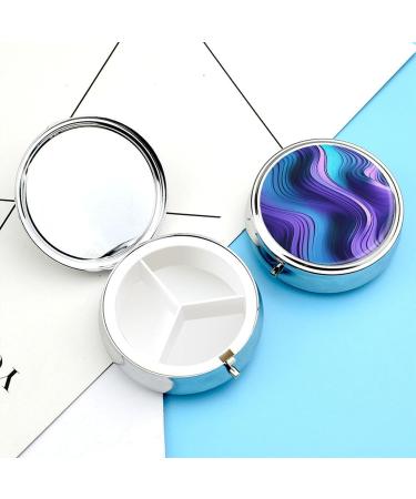 Round Pill Box - Wavy Purple Print | 3 Compartment Portable Medicine Organizer | Decorative Metal Pocket Pill Case - Buy Online on GoSupps.com