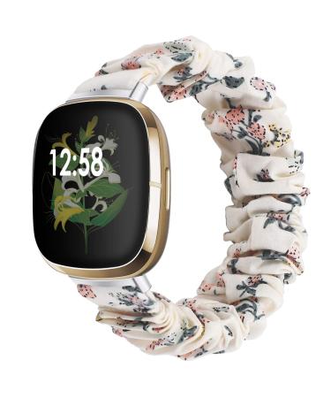 Liwin Scrunchies Bands Compatible with Fitbit Sense / Versa 3, Bands for Women and Girls, Elastic Printed Strap Accessories Replacement Scrunchy Wristband for Sense / Versa 3 Smartwatch S - 5.3"-6.7" Honeysuckle