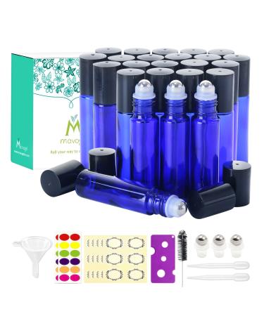 24,10ml Essential Oils Roller Bottles - Cobalt Blue, Glass with Stainless Steel Roller Balls by Mavogel (3 Extra Roller Balls, 54 Pieces Labels, Opener, Funnel, Dropper, Brush Included) 24 Count (Pack of 1)
