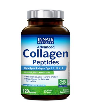 Innate Vitality Collagen Peptides for Women & Men Biotin Hyaluronic Acid Turmeric Keratin Vitamin C Niacinamide Multi Collagen Peptides Type I II III V X for Skin Hair Nails 120 Caps