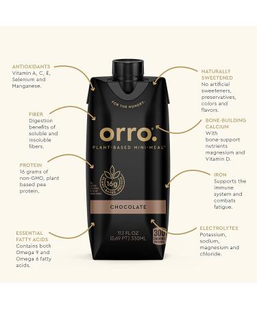 Orro Plant Based Meal Replacement Drink - Chocolate Flavor - 16g Protein - 23 Vitamins & Minerals - No Soy, Dairy, Artificial Sweeteners - 11.1 fl oz (Pack of 12) - Buy Online on GoSupps.com