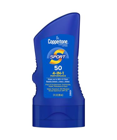 Coppertone SPORT Sunscreen SPF 50 Lotion, Water Resistant Sunscreen, Body Sunscreen Lotion, Travel Size Sunscreen, 3 Fl Oz