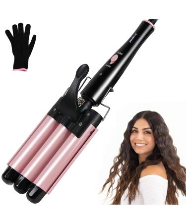 janelove 3 Barrel Hair Waver 25mm Beach Wave Hair Curler with 2 Temperature Adjustments Ceramic Curling Iron with Heat-Resistant Glove for Long Medium Short Hair