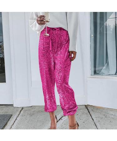 Duohropke Women's Sequin Pants - Gold & Silver Elegant Baggy Jogging Trousers | Vintage Disco & Party Fashion | XL Pink Leisure Wear - Buy Online on GoSupps.com