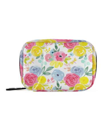 Summer Floral Pill Organizer Case Watercolor Color Flowers 7 Day Travel Pill Box with Zipper Portable Weekly Vitamin Medicine Supplement Holder Pouch Bag