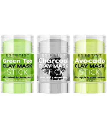 Green Tea Avocado Charcoal Clay Mask Stick Set Purifying Face Mask Replenishing Moisture Deep Pore Cleanser Blackhead Remover Anti-Acne Treatment Skin Care All Skin Types Gift for Women Pack of 3 Mix