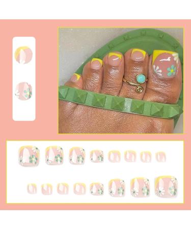 24Pcs Square False Toenails Glossy French Yellow Border Press on Toenails Shiny Stick on Toenails Short Acrylic Full Cover Summer Fake Toenails for Women and Girls Daily Decorations White Green flowers - Buy Online on GoSupps.com